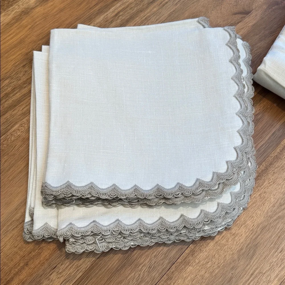 Vintage Linen Tablecloth & 8 Napkins Set Scalloped Crochet Trim Ivory